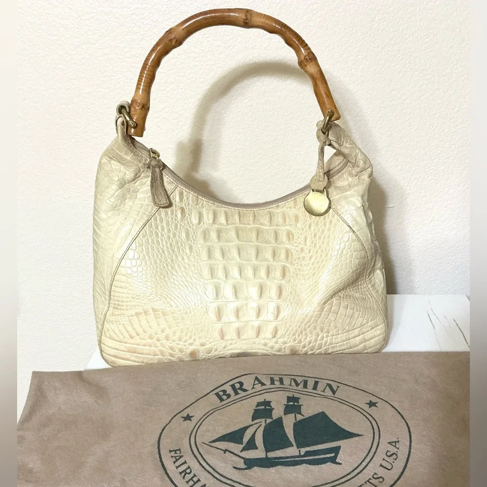 Brahmin Vintage Crocodile Leather Shoulder Bag Cream